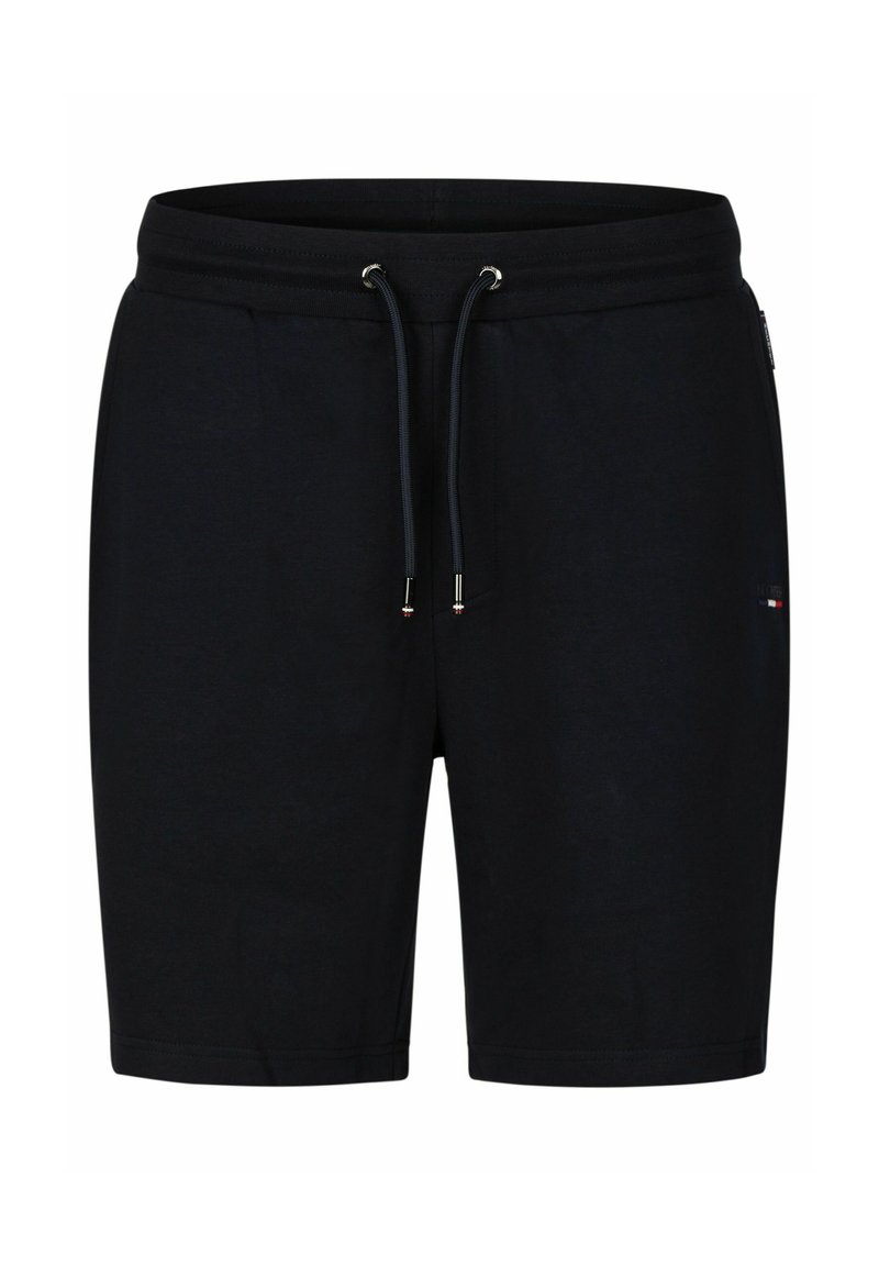 Zwarte katoenen shorts met een elastische tailleband en trekkoord. Voorzien van gouden hardware en zijzakken. Eenvoudig, effen kleurontwerp.