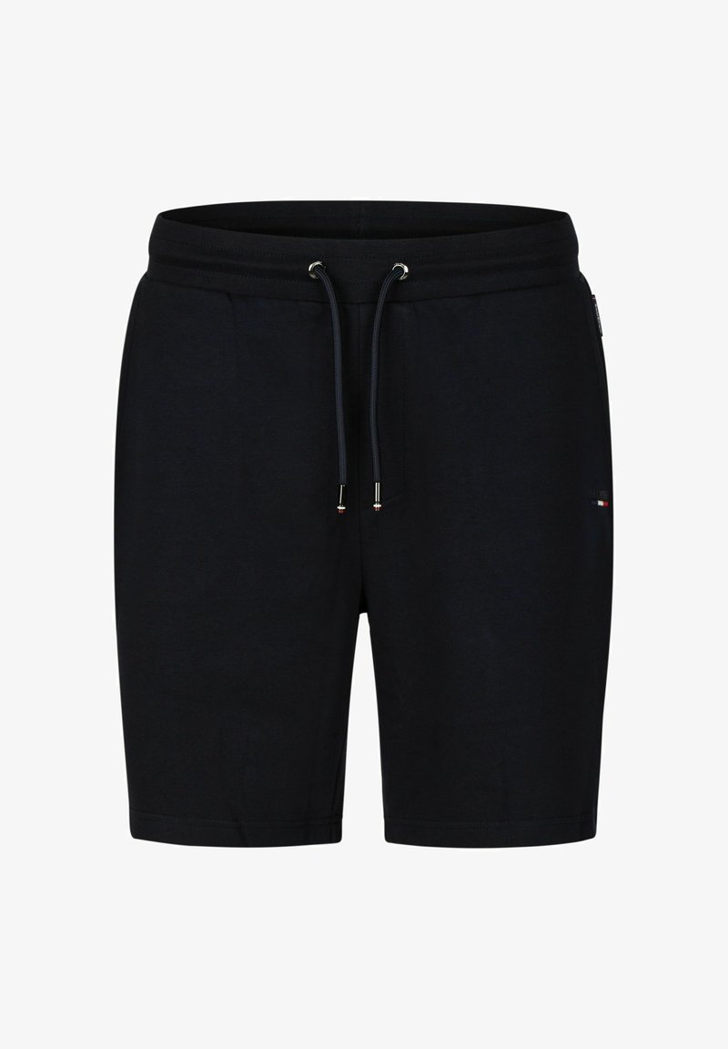 Shorts en coton noirs avec une taille élastique et un cordon de serrage. Équipés de quincaillerie dorée et de poches latérales. Design simple et de couleur unie.