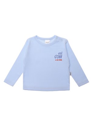 Light blue long-sleeve baby shirt with snap buttons on shoulder and small graphic of coffee cup, croissant, and "6 AM CLUB" text on chest.