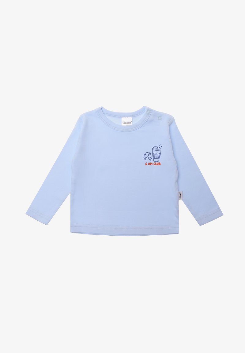 Light blue long-sleeve baby shirt with snap buttons on shoulder and small graphic of coffee cup, croissant, and "6 AM CLUB" text on chest.