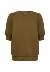 Olijfgroen pullover met korte pofmouwen en een ronde halslijn. Zachte textuur met een losse pasvorm en ribgebreide zoom.