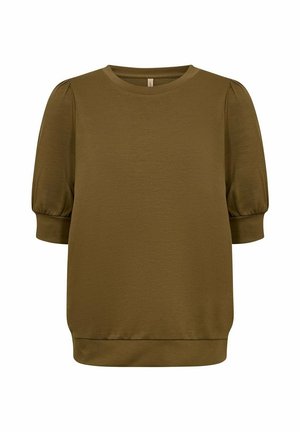 Olivgrüner Pullover mit kurzen Puffärmeln und rundem Ausschnitt. Weicher Stoff mit lockerer Passform und geripptem Saum.