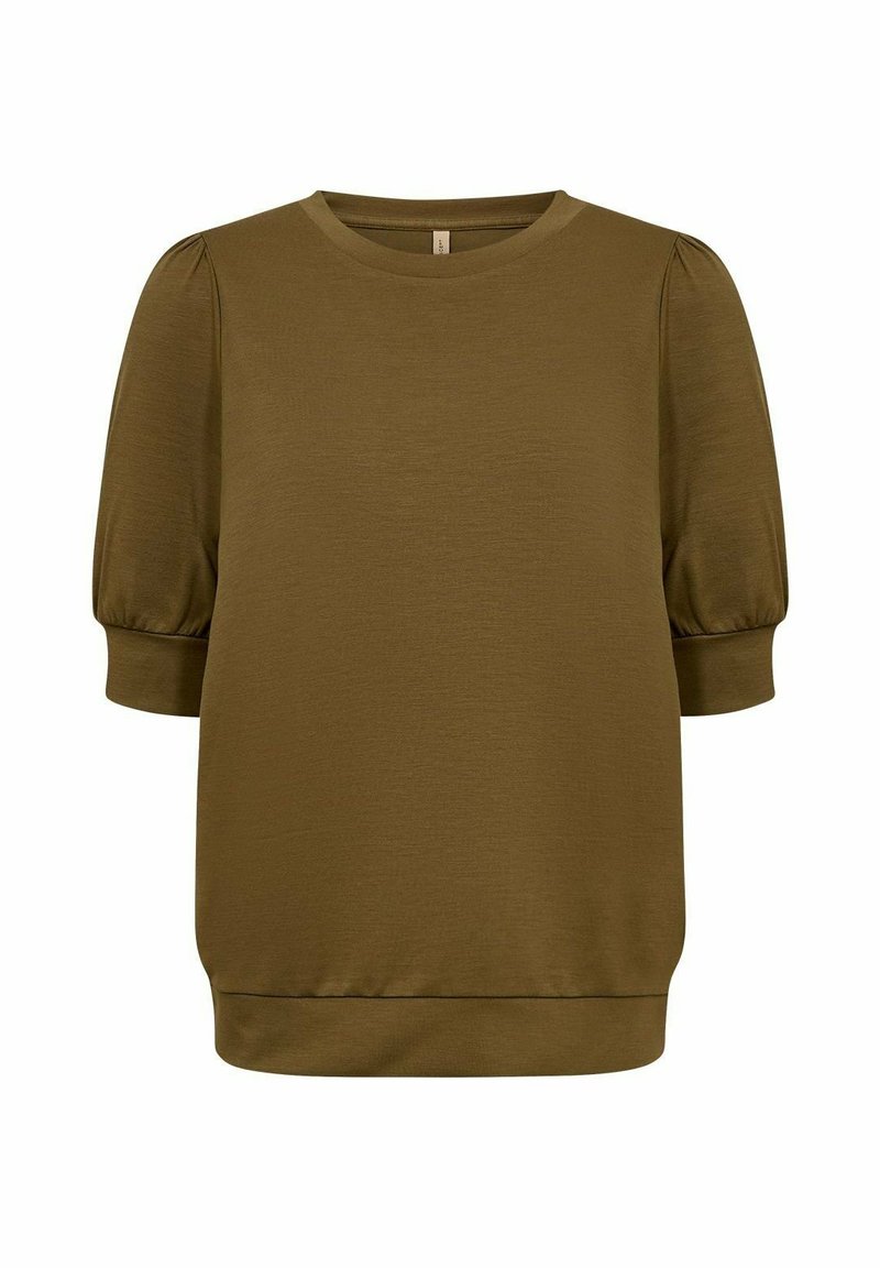 Olijfgroen pullover met korte pofmouwen en een ronde halslijn. Zachte textuur met een losse pasvorm en ribgebreide zoom.
