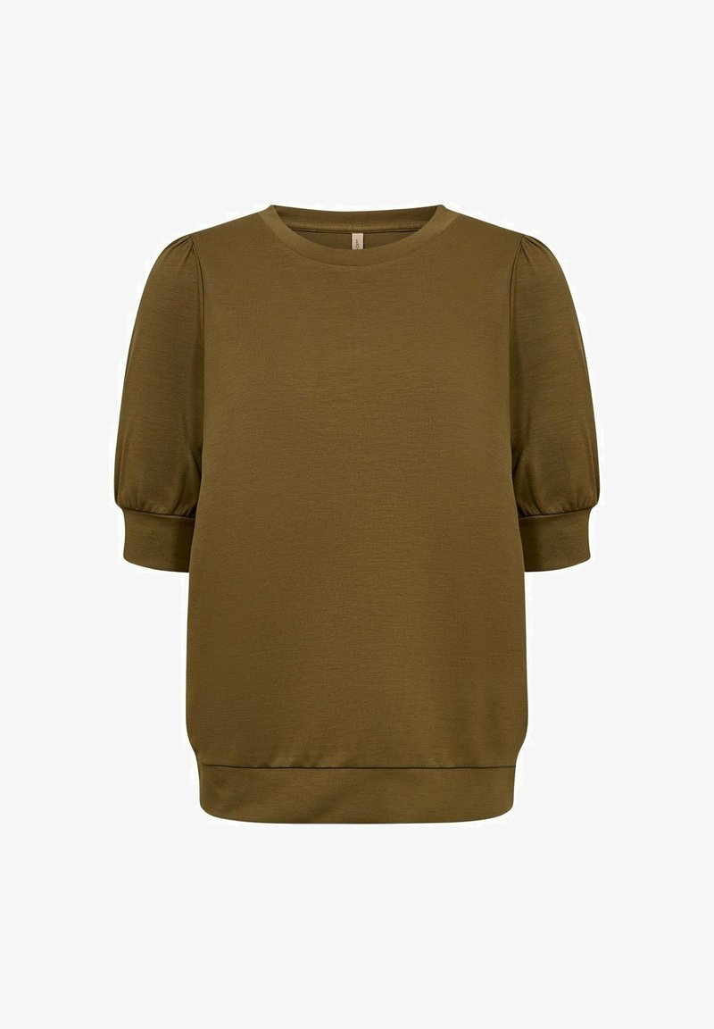 Olijfgroen pullover met korte pofmouwen en een ronde halslijn. Zachte textuur met een losse pasvorm en ribgebreide zoom.