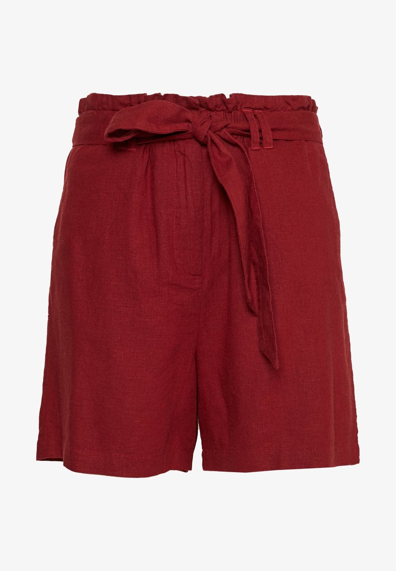 Pantaloni corti rossi in lino con una vita elastica arricciata e un nodo frontale. Presentano due tasche laterali e una vestibilità rilassata. Tessuto testurizzato.