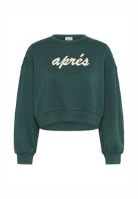 Groene cropped sweatshirt met pofmouwen en geribbelde manchetten, met daarop in crème geborduurde tekst "après" aan de voorkant.
