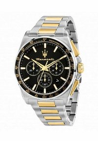 Orologio cronografo Maserati con quadrante testurizzato nero, cassa in acciaio inox argento e oro, bezels tachimetrico e tre sottodial.
