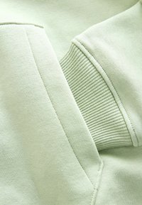 Light green sweatshirt fabric featuring smooth texture, ribbed cuffs, and stitching details, showcasing a minimal design with soft contours.