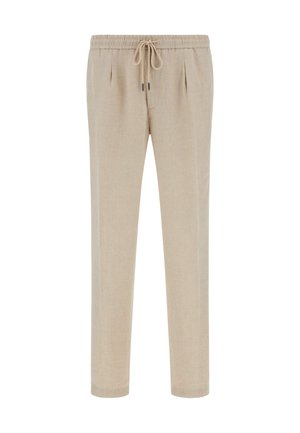 Beige linen pants with a drawstring waist, two front pockets, straight legs, and a lightweight, breathable texture.
