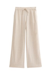 Pantalons larges en lin beige avec une taille élastique et un cordon de serrage, dotés de deux poches latérales et d'une surface douce et texturée.