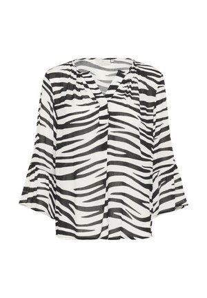 Blouse rayée noir et blanc avec un décolleté en V, des manches flottantes et une coupe ample, fabriquée à partir d'un tissu léger.