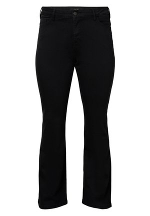 Schwarze Denim-Jeans mit geradem Bein, Knopfverschluss, vier Taschen und minimalen Nähdetails. Weicher Stoff und langlebiger Stoff.