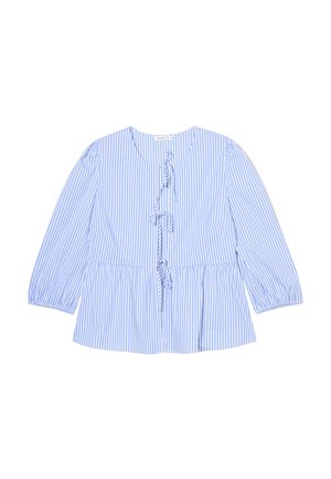 Blusa peplum a rayas azul y blanca con mangas largas, escote redondo y detalles decorativos de lazo en el frontal. Tejido ligero con un corte relajado.