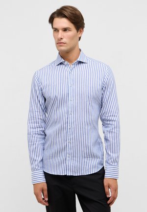 Striped dress shirt in light blue and white, featuring long sleeves, button-down front, and a curved hem with contrasting cuff stripes.