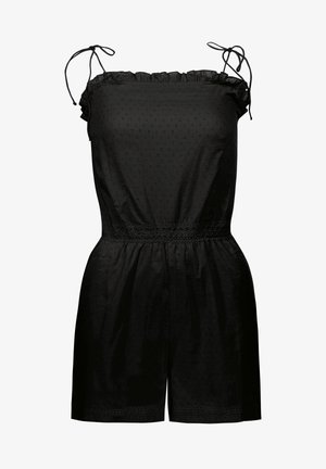 Czarny kombinezon z falbaniastym dekoltem i regulowanymi ramiączkami. Posiada teksturowany materiał i elastyczny pas. Krótki, luźny krój.