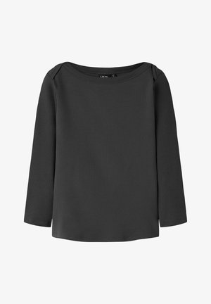 Black long-sleeve ribbed shirt with boat neckline, simple design, and slight shoulder detailing, displayed against a white background.