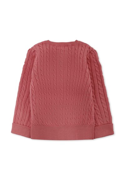 Maglione a trecce di colore rosa soft, con scollatura e polsini a coste. Motivo testurizzato con disegni a treccia in rilievo sulla schiena.