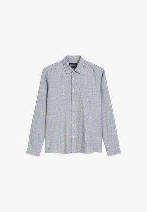 Light blue, long-sleeve button-up shirt in a textured fabric. Features a standard collar and front button closure with a relaxed fit.