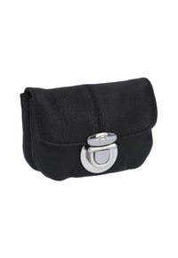 Borsetta in pelle nera dalla forma arrotondata, con chiusura in argento e dettagli cuciti. Texture liscia con una finitura leggermente granulosa.