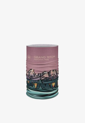 Neck gaiter with "Grand Teton National Park" text, featuring stylized mountain and forest landscape in purple, teal, and orange tones.
