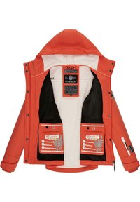Orange waterproof jacket with a hood, featuring black mesh pockets, fleece lining, and logos on tags and pockets. Zipper details included.