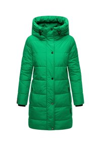 Parka verde y esponjosa con un alto collar, capucha desmontable, cierres de cremallera y botones, y bolsillos laterales. Cuenta con textura acolchada.