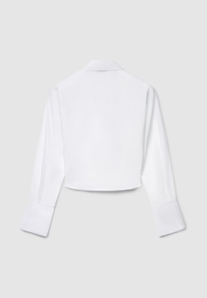 White cropped shirt with long sleeves, smooth texture, classic collar, and wide cuffs. Clean design, no visible patterns or accents.