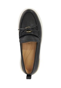 Black leather loafer with a textured finish, round toe, and a gold-accented lace detail. Cream-colored rubber sole with a slight lift.