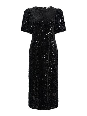 Black sequined dress with a straight silhouette and short, puffed sleeves. Features a round neckline and a smooth fabric texture.