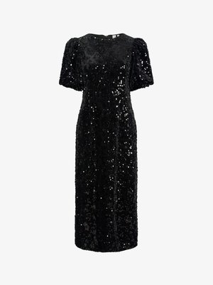 Black sequined dress with a straight silhouette and short, puffed sleeves. Features a round neckline and a smooth fabric texture.