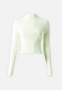 Lange mouwen, geribbeld coltrui in een lichte pastelgroene kleur, met een aansluitende silhouet en een verkorte zoom.