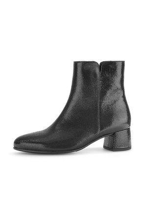 Black ankle boots with a textured, glossy finish; rounded toe; mid-height block heel; seamless design with a side zipper closure.
