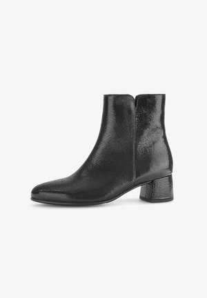 Black ankle boots with a textured, glossy finish; rounded toe; mid-height block heel; seamless design with a side zipper closure.