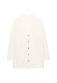Cardigan bianco con scollo a V, maniche lunghe e chiusura con bottoni dorati sul davanti. Tessuto a maglia con polsini e orlo testurizzati.