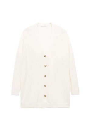 Witte cardigan met een V-hals, lange mouwen en een gouden knoopsluiting aan de voorkant. Gebreide stof met een gestructureerde boord en onderrand.