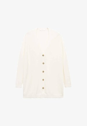 Cardigan blanc avec un col en V, des manches longues et une fermeture à boutons dorés sur le devant. Tissu tricoté avec des bordures et des poignets texturés.