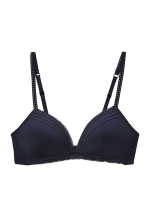 Soutien-gorge rembourré noir avec doubles bretelles réglables et bordure en dentelle le long du bord supérieur et de la bande inférieure, présenté à plat sur un fond blanc.