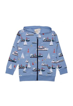 Blue zip-up hoodie with nautical print of sailboats, cruise ships, cargo ships, and red and yellow buoys.