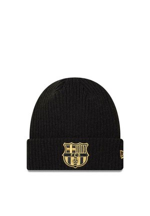 Black ribbed knit beanie with a folded cuff featuring a gold FC Barcelona crest embroidered on the front center.