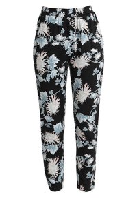 Černé květinové kalhoty s modrým a růžovým květinovým vzorem, elastickým pasem a zúženým střihem. Vyrobeno z lehkého materiálu.