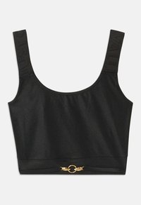 Black cropped top with wide straps; textured straps with "JUST" embossed; features gold-tone circular hardware at the hemline.