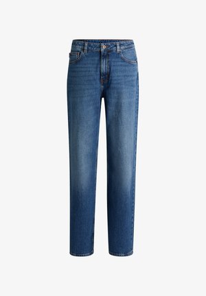 Blue denim jeans with a straight cut, five-pocket design, and subtle fading. Features a belt loop waistband and metal button closure.