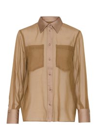 Chemise transparente marron à boutons avec un col et des poignets marron contrastants, dotée de deux poches poitrine et d'une coupe ajustée.