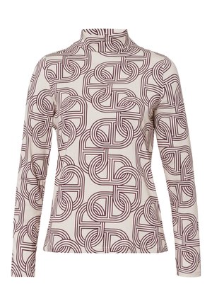 Long-sleeve top featuring a high neck, made of soft fabric with a repeating maroon geometric pattern on a cream background.