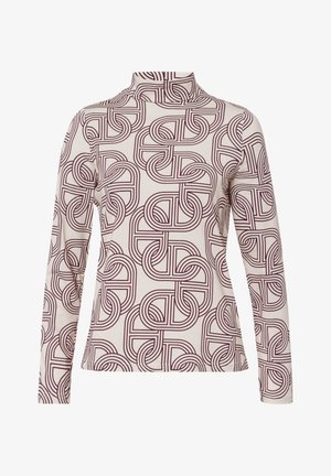 Long-sleeve top featuring a high neck, made of soft fabric with a repeating maroon geometric pattern on a cream background.