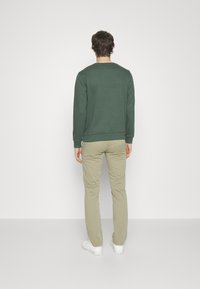 Grön bomullströja med rund halsringning och långa ärmar, kombinerad med ljusbeiga byxor, fångad från bakvyn. Vita sneakers.