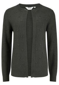 Ciemnozielony kardigan wykonany z miękkiego materiału, z fakturowanym wzorem z wypukłymi kropkami, otwarty z przodu oraz z prążkowanymi mankietami i dołem.