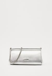 Metallic silver clutch bag with a smooth texture, featuring a chain strap and a rectangular shape. Closure at the top with a sleek design.