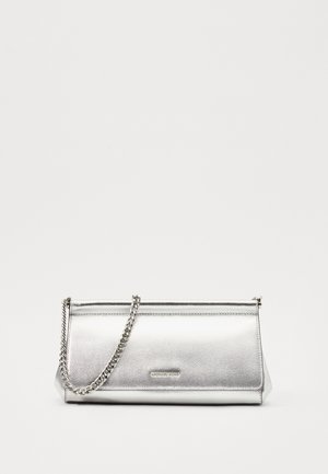 Metallic silver clutch bag with a smooth texture, featuring a chain strap and a rectangular shape. Closure at the top with a sleek design.