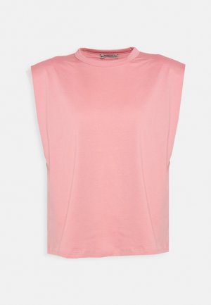 Rosa kortärmad t-shirt i mjukt material, med rund halsringning och strukturerade axlar för en avslappnad passform.